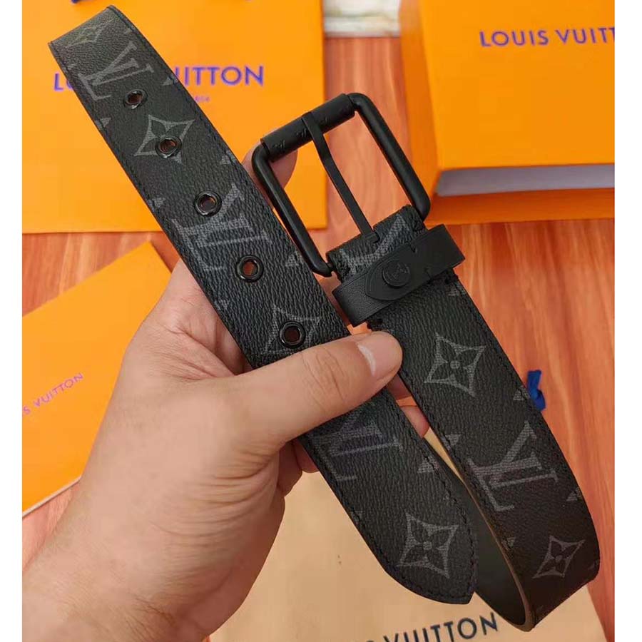 Louis Vuitton LV Unisex Voyager 35mm Belt in Monogram Eclipse Canvas-Grey