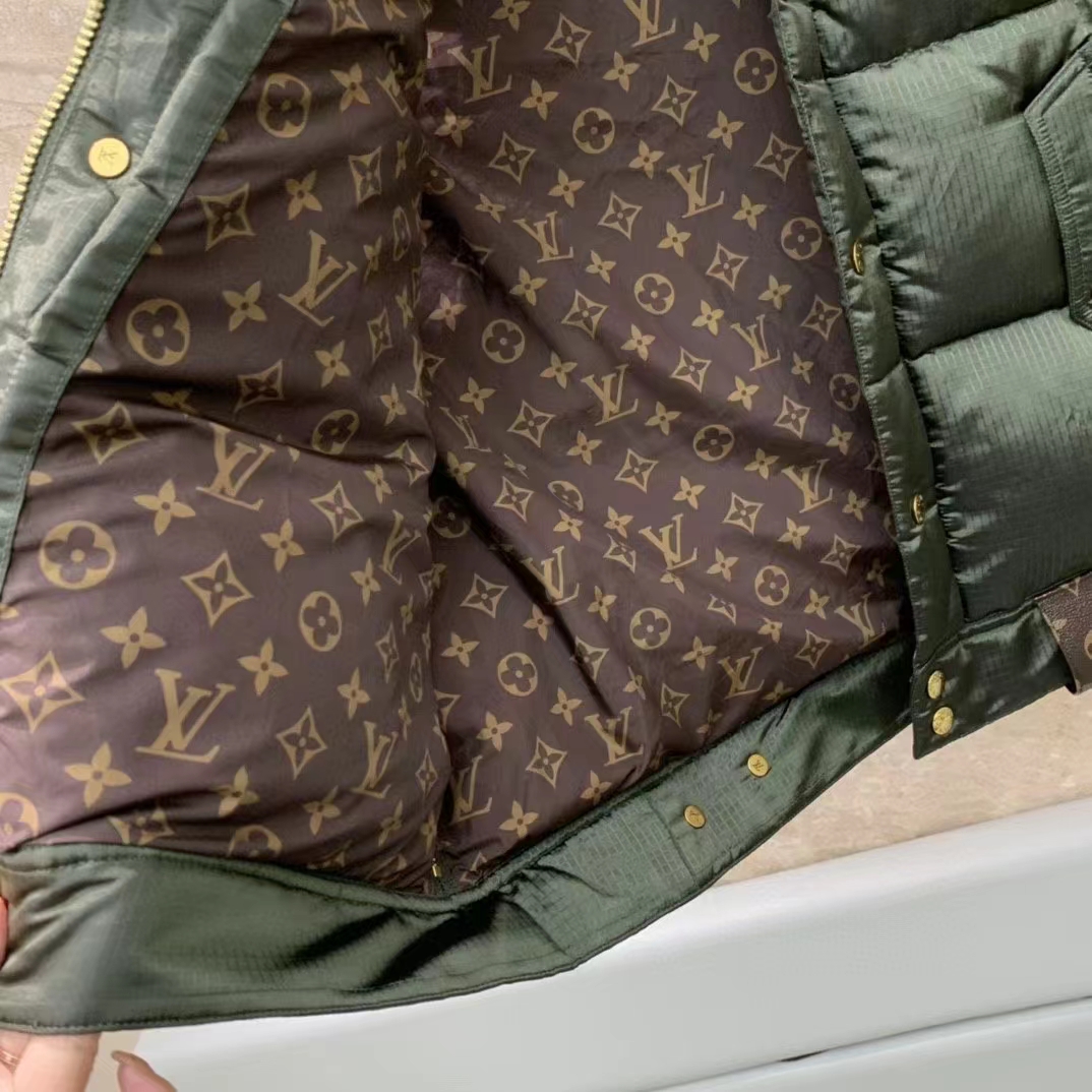 Louis Vuitton LV Women Leather Accent Sleeveless Puffer Jacket Khaki Beige Regular Fit