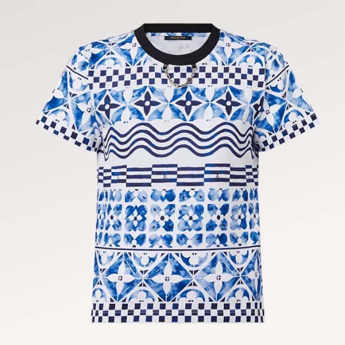 Louis Vuitton LV Men Monogram Tile T-Shirt Cotton Blue White Regular Fit