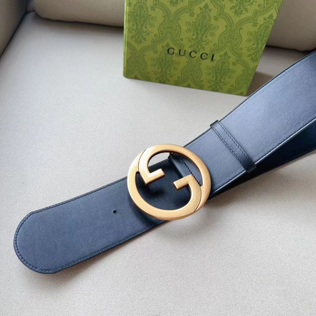 Gucci Unisex GG Blondie Wide Belt Black Leather Round Interlocking G 5 CM Width