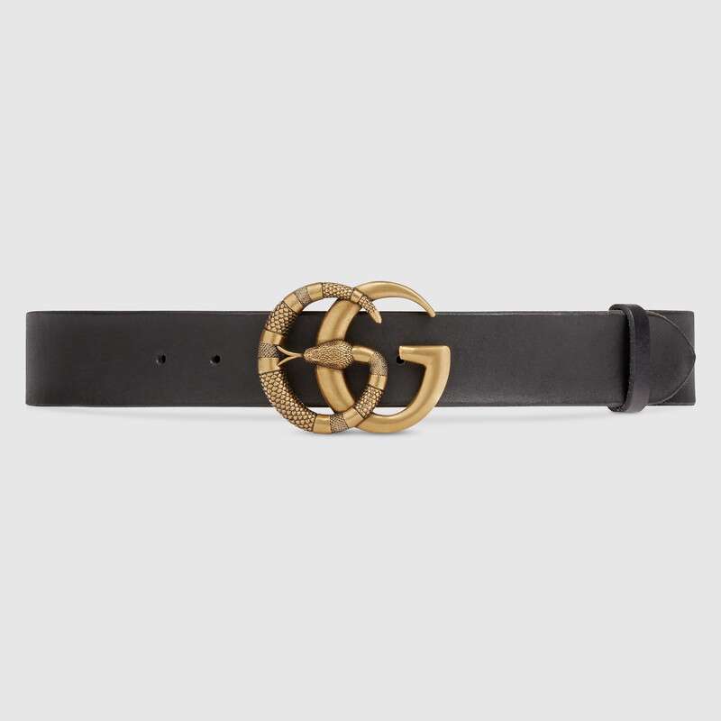 Gucci Unisex Leather Belt with Double G Buckle with Snake in Black Leather