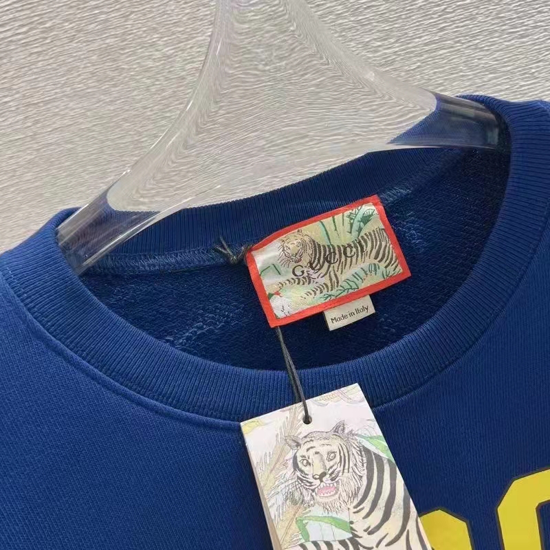 Gucci Women GG Tiger Cotton Sweatshirt Blue Felted Jersey Crewneck