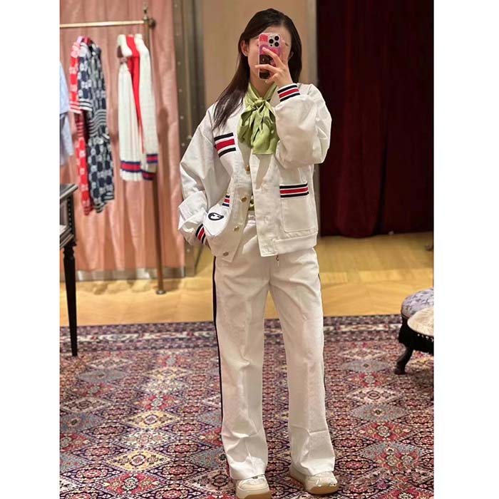 Gucci Women GG Technical Jersey Cardigan Web White V-Neck Dropped Shoulder Long Sleeves