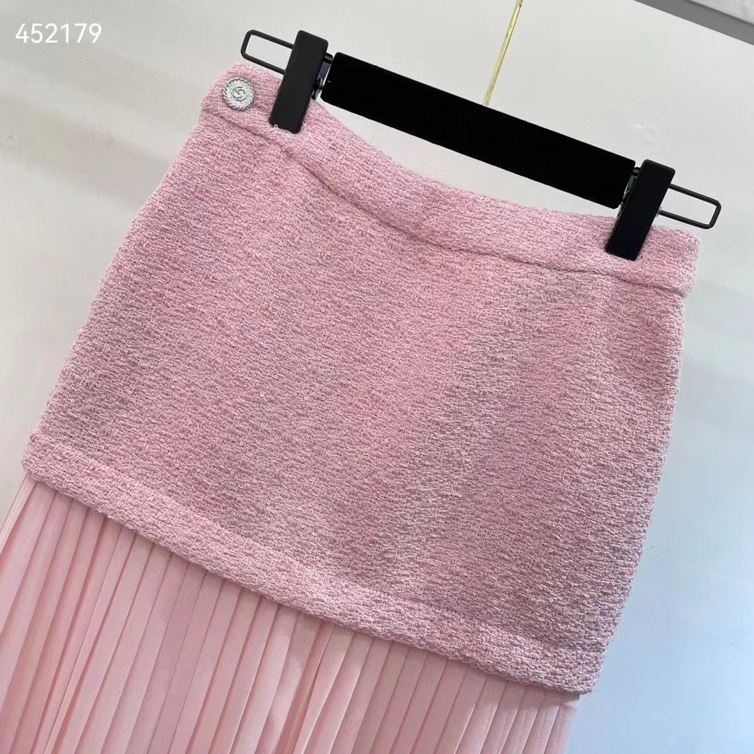 Gucci Women GG Silk Tweed Layered Skirt Pink Fitted Waistband Front Split Style ‎760862 ZAPUO 5642