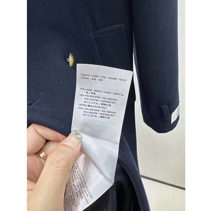 Gucci Women GG Felt Wool Coat Dark Navy Metal Buttons Gucci Cities Label Fully Lined