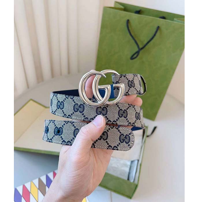 Gucci Unisex GG Marmont Reversible Belt Beige Blue Canvas Double G Buckle