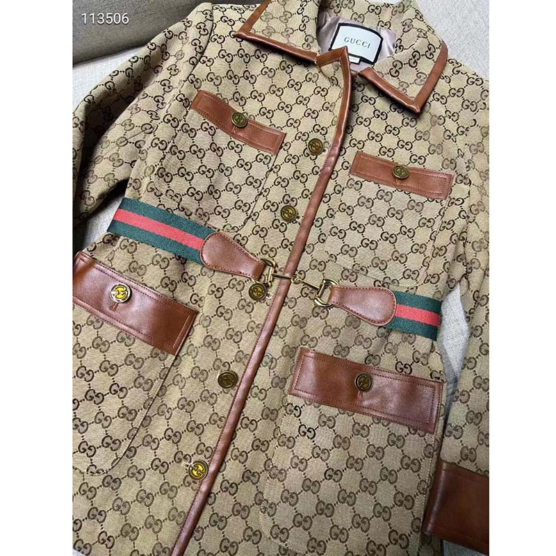 Gucci Women GG Canvas Jacket Web Belt Cotton Camel Ebony Point Collar