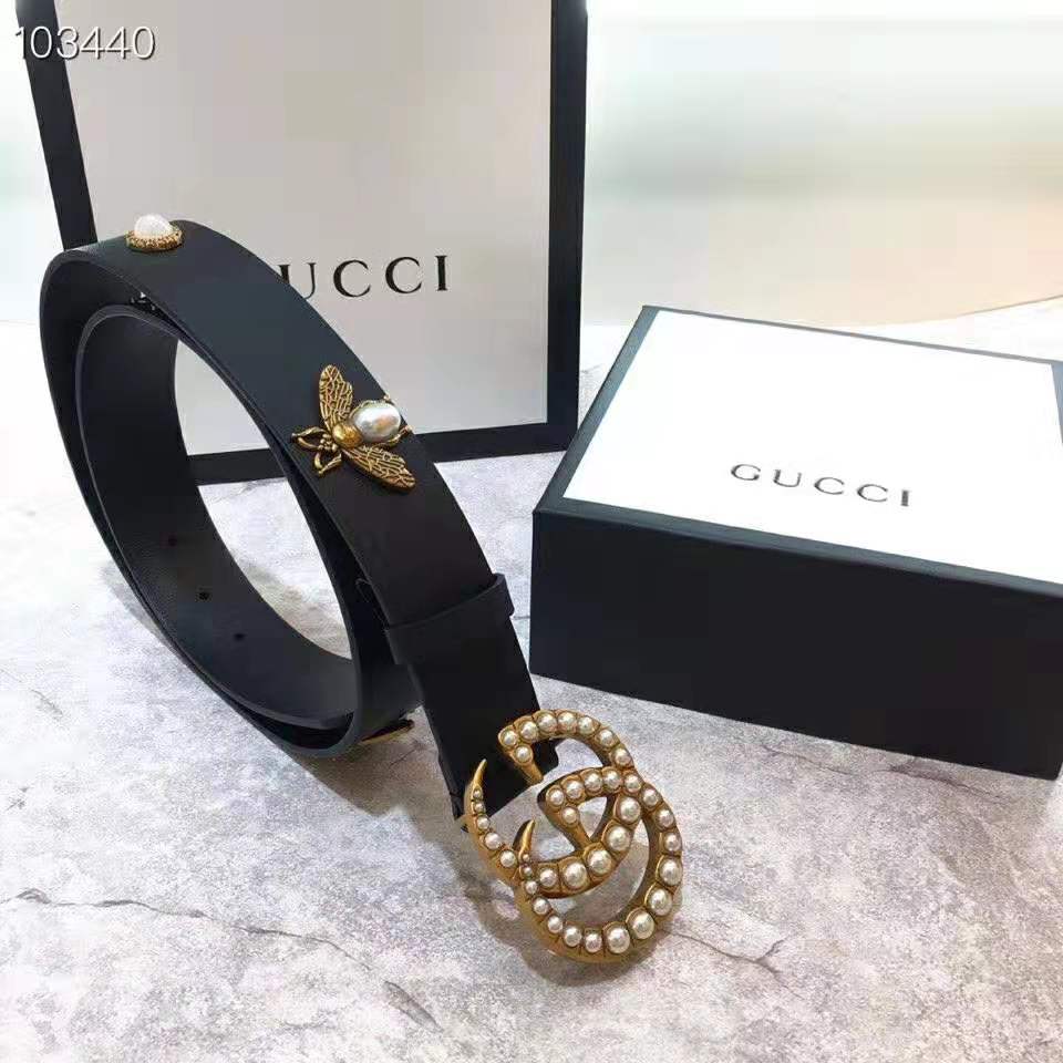 Gucci Unisex Leather Belt with Pearl Double G-Black