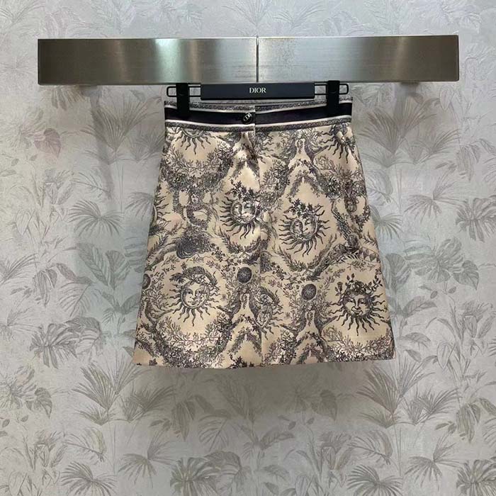Dior Women CD Miniskirt White Navy Toile De Jouy Cotton Denim