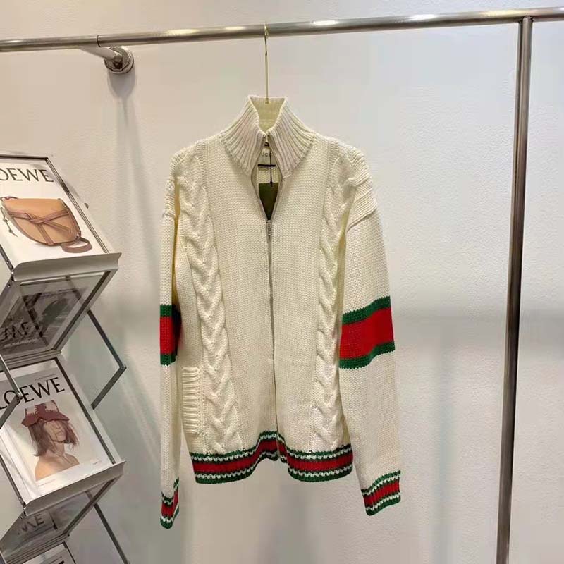 Gucci Women GG Cable Knit Bomber Jacket Off-White Cable Knit Wool