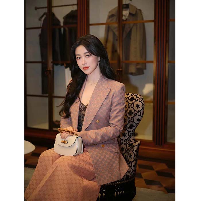 Gucci Women GG Cotton Canvas Jacket Grey Pink Lined Point Revers Double Breasted Fitted Waist