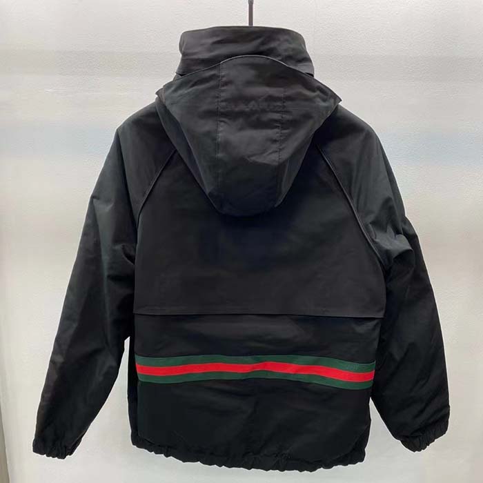 Gucci Women Reversible Poplin Jacket Black Polyester Piping Green Red Beige Ebony GG Canvas