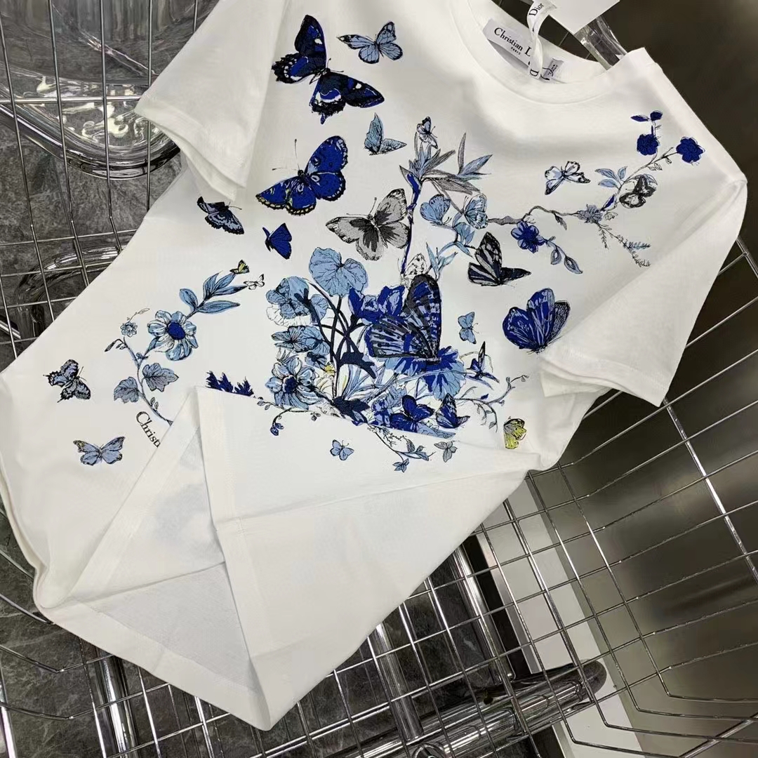 Dior Men CD T-Shirt White Cotton Jersey Pastel Midnight Blue Toile De Jouy Mexico Motif