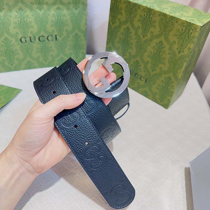 Gucci Unisex Blondie Wide Belt Black Maxi GG Leather G Buckle 4 CM Width