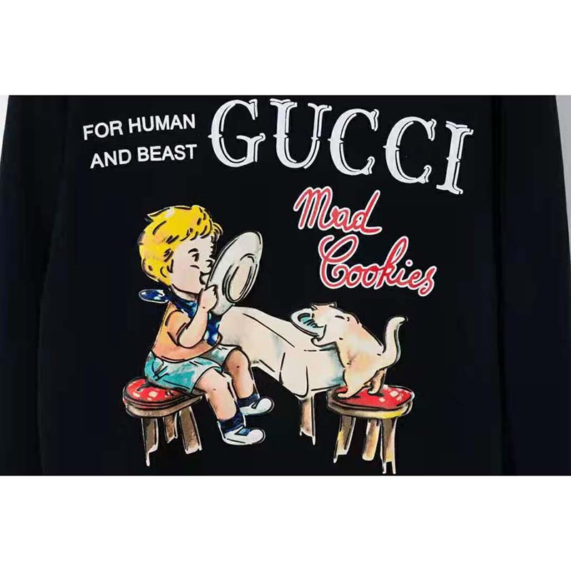 Gucci Men Gucci ‘Mad Cookies’ Print Sweatshirt Cotton Crewneck Slim Fit-Black