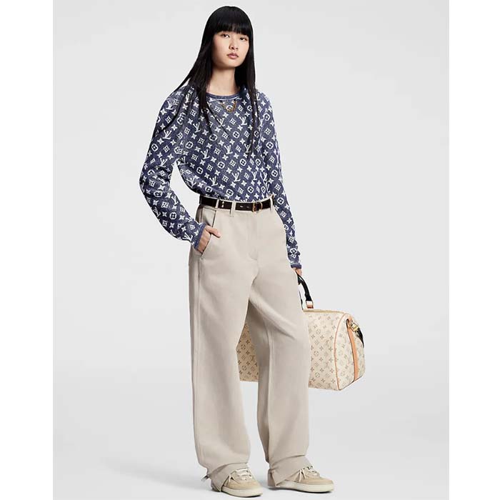 Louis Vuitton Women LV Monogram Jacquard Pullover Wool Cotton Grey Blue Regular Fit