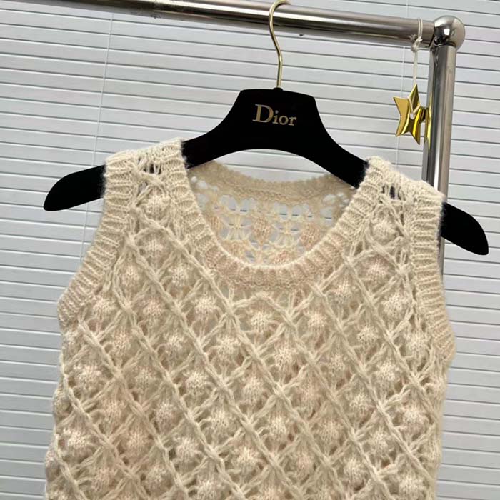Dior Women CD Twin-Set Vest Ecru Cashmere Silk Mohair Knit Cashmere Silk