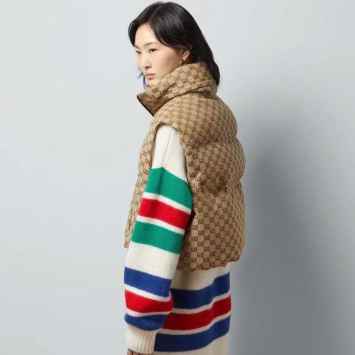 Gucci Women Canvas Padded Gilet GG Canvas Lined Concealed Hood High Neck Sleeveless