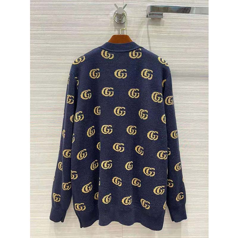 Gucci Women Double G Jacquard Wool Cardigan Front Pockets Blue and Beige