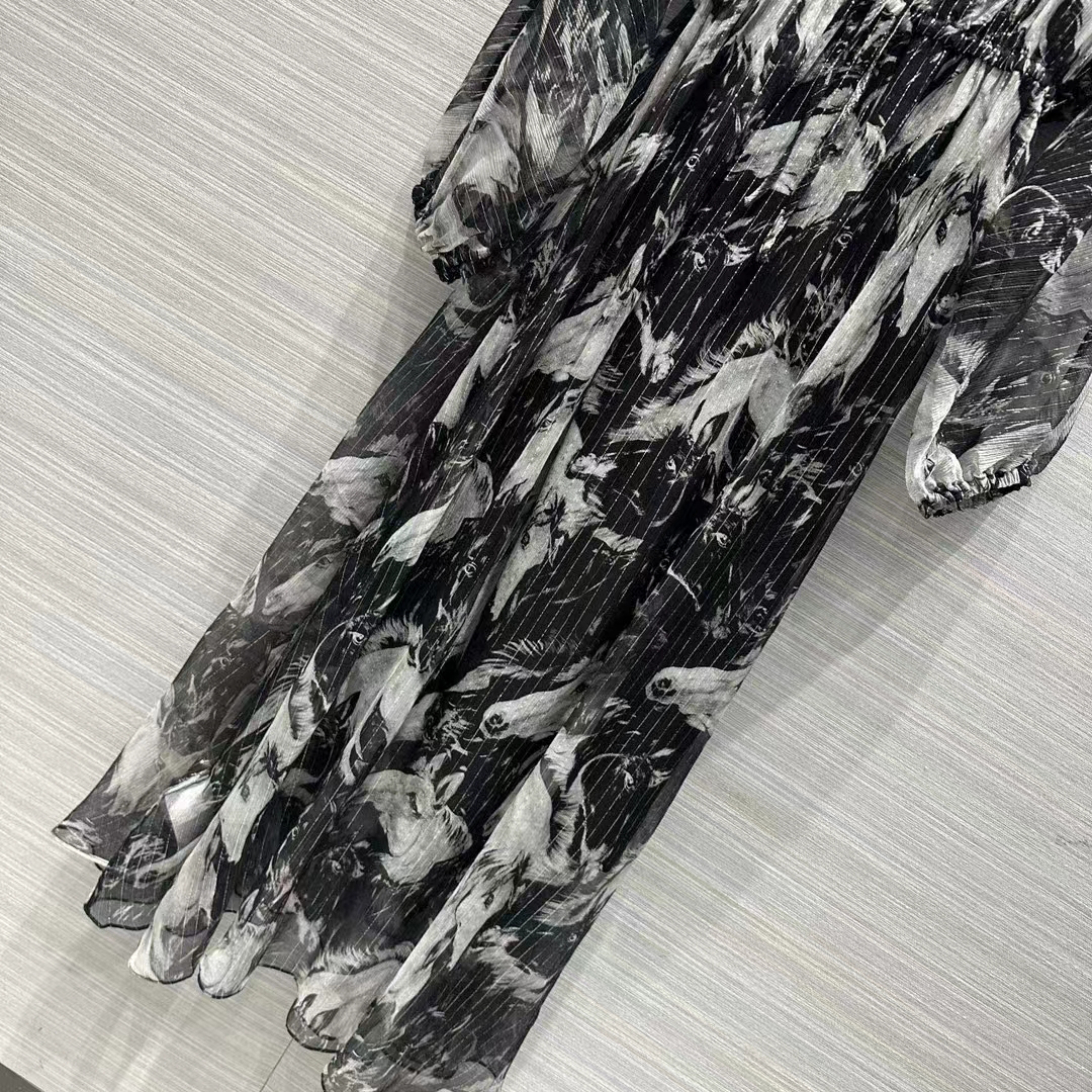 Gucci Women GG Meadow Horses Print Silk Dress Crewneck Balloon Sleeves Flared Skirt