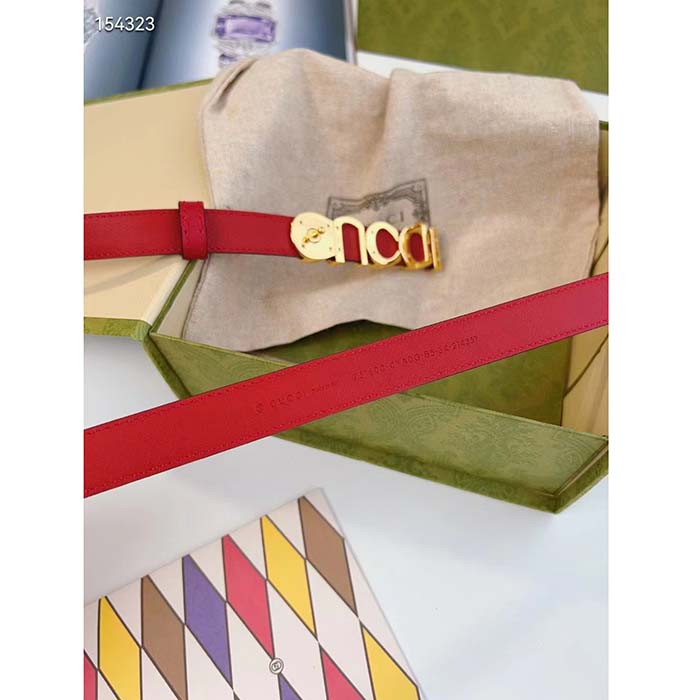 Gucci Unisex Buckle Thin Belt Red Leather Gold-Toned Hardware 1.5 CM Width