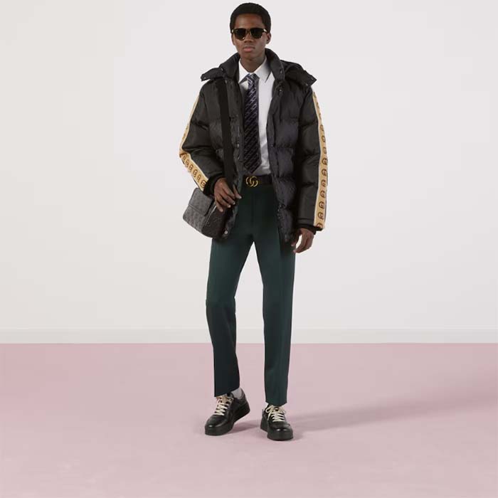 Gucci Men GG Jacquard Nylon Quilted Coat Down Goose Feather Black Knit Rib Nylon Lining