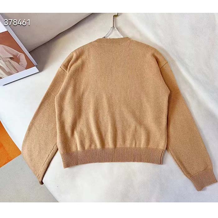 Gucci Women GG Wool Top Gucci Intarsia Camel Wool Crewneck Dropped Shoulder Long Sleeves Rib
