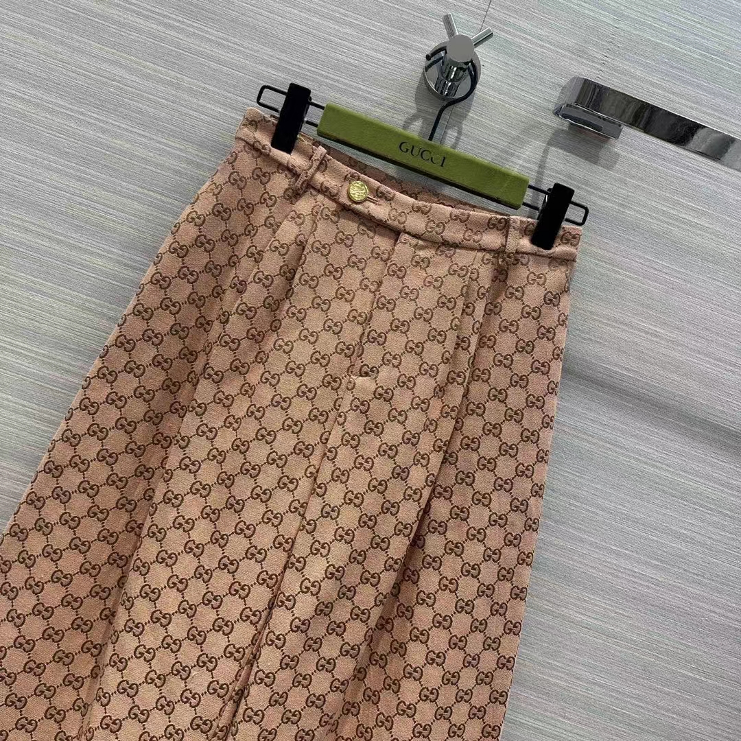 Gucci Women GG Canvas Print Camel Ebony Belt Loops Wide Leg Cropped Length