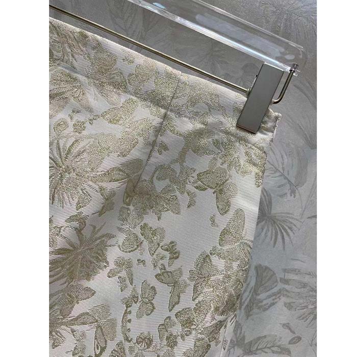 Dior Women CD Mid-Length Flared Skirt White Technical Jacquard Gold-Tone Allover Butterfly Motif