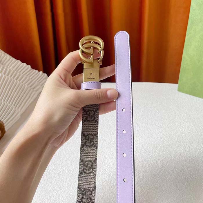 Gucci Unisex Marmont Reversible Thin Belt Beige Ebony GG Supreme Canvas Purple Leather