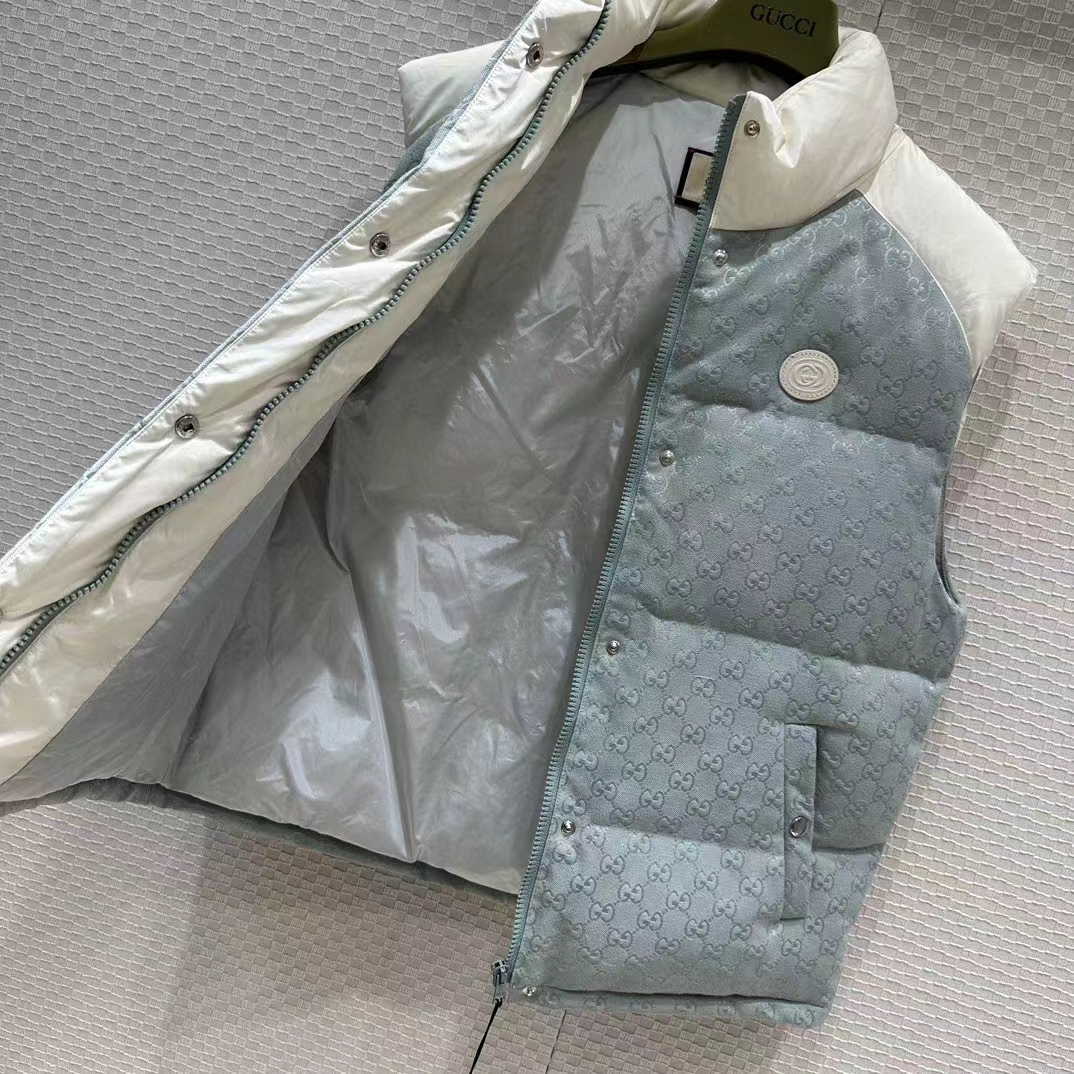 Gucci Men GG Cotton Canvas Padded Vest Blue Lined High Neck Sleeveless Two Side Pockets