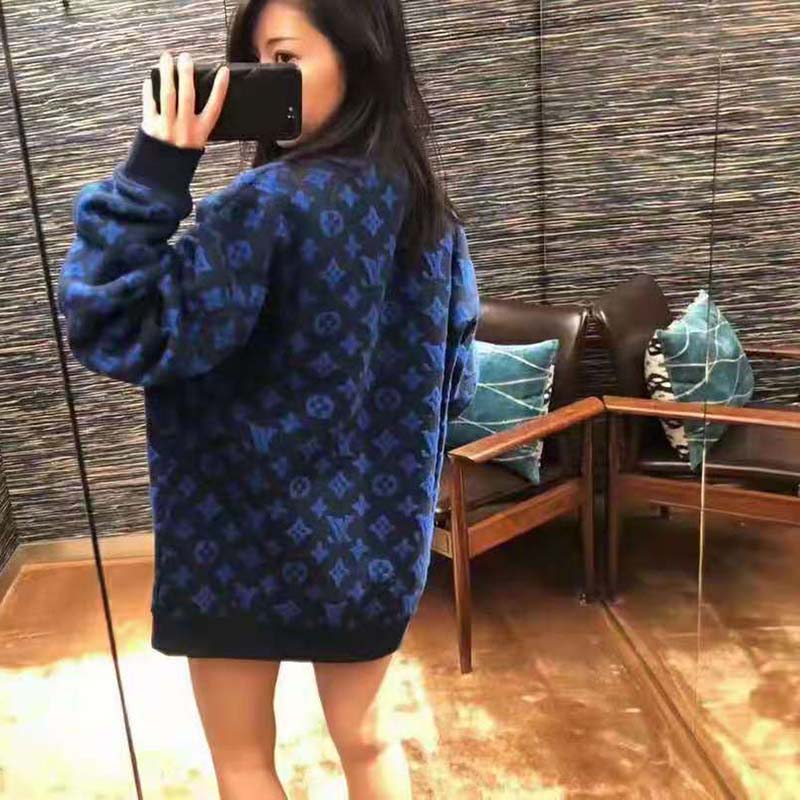 Louis Vuitton Women Full Monogram Jacquard Crew Neck Cotton Blue Regular Fit