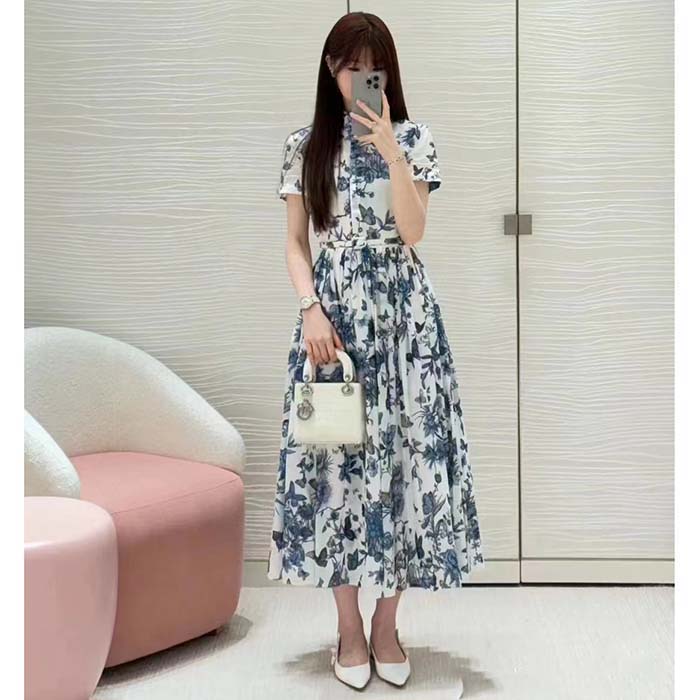 Dior Women CD Mid-Length Shirt Dress White Blue Cotton Voile