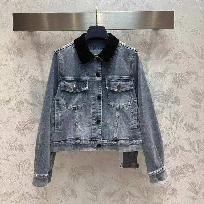Louis Vuitton Women LV Velvet Accent Denim Jacket Cotton Blue Regular Fit 1AFEPJ