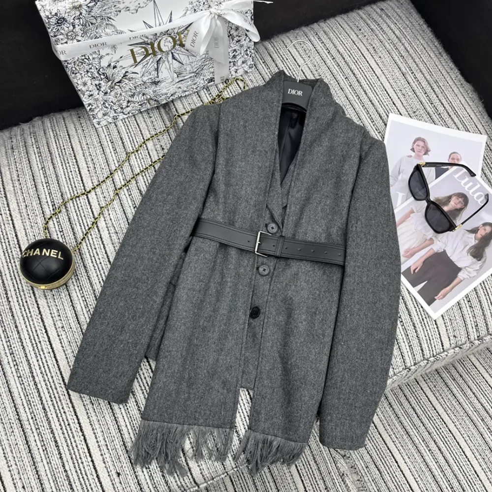 Dior Women Belted Jacket with Removable Scarf Gray Virgin Wool Tweed