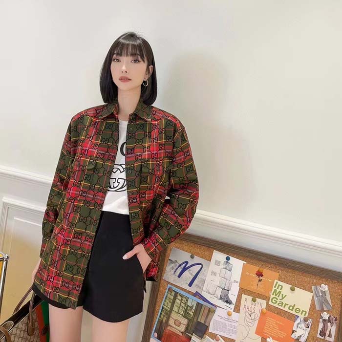 Gucci Women GG Tartan Wool Shirt Green Red GG Point Collar Long Sleeves Button Cuffs