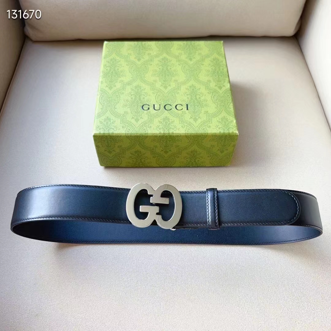 Gucci GG Unisex Buckle Wide Belt Black Leather Double G 4 CM Width