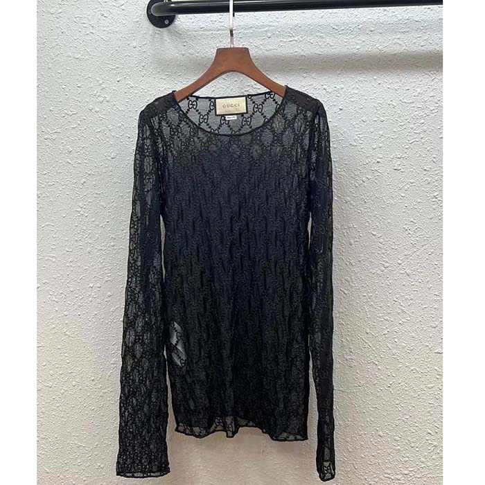 Gucci Women GG Embroidered Tulle T-Shirt Black Long Sleeve Fitted Cotton