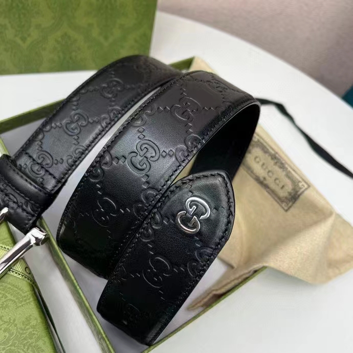 Gucci Unisex GG Gucci Signature Belt GG Detail Black Square Buckle Metal 3.8 CM Width