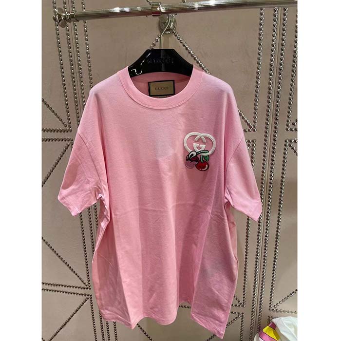 Gucci GG Men Cotton Jersey T-Shirt Patch Pink Crewneck Short Sleeves