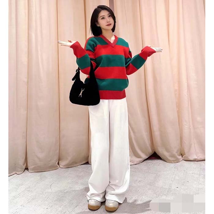 Gucci Women GG Felted Wool Striped Sweater V-Neck Dropped Shoulder Long Sleeves