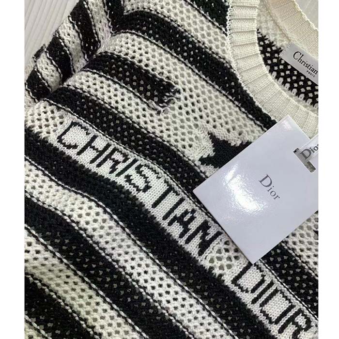 Dior Women CD Marinière Short-Sleeved Sweater White Blue Openwork Cotton