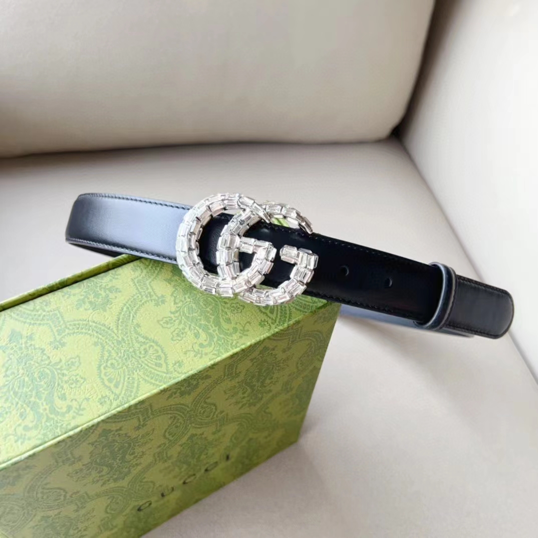 Gucci Unisex GG Marmont Thin Belt Crystals Black Leather Double G Buckle 3 CM Width