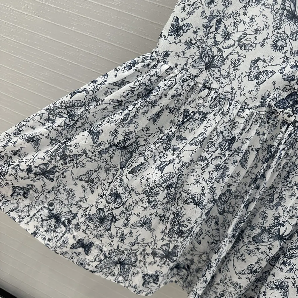 Dior Women Short Dress White Cotton Muslin with Blue Toile de Jouy Papillon Motif