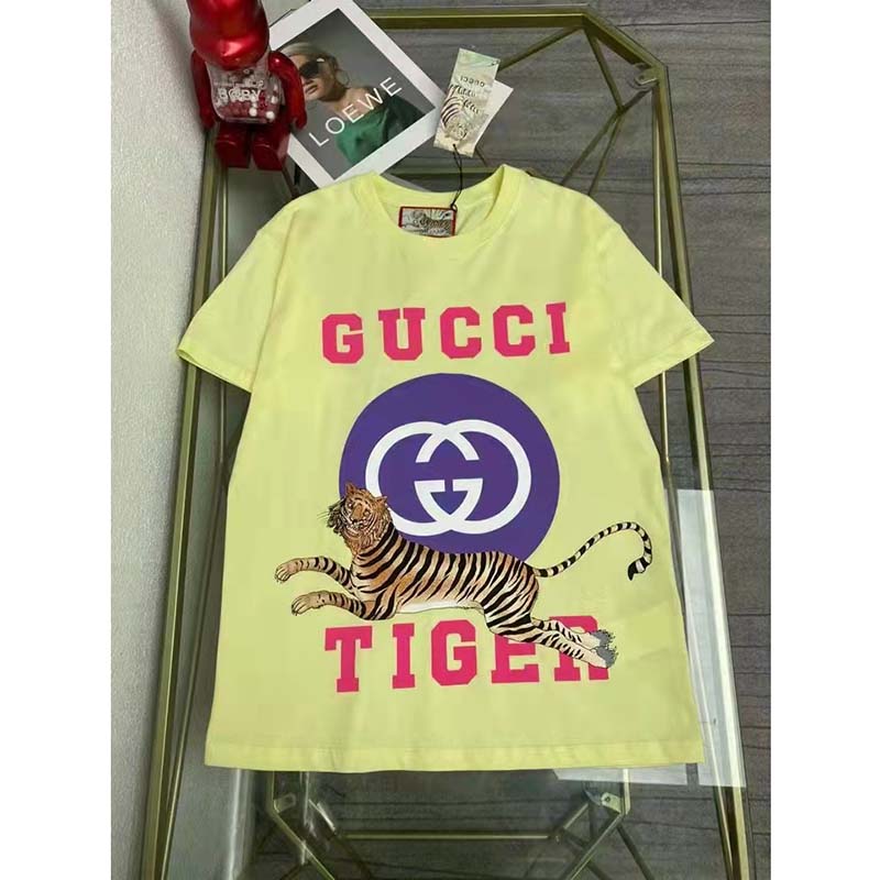 Gucci Men GG Tiger Interlocking G T-Shirt Yellow Cotton Jersey Flower Crewneck Oversize Fit
