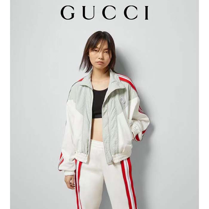Gucci Women GG Technical Jersey Zip Sweatshirt Interlocking G Embroidered Patch High Neck Dropped Shoulder