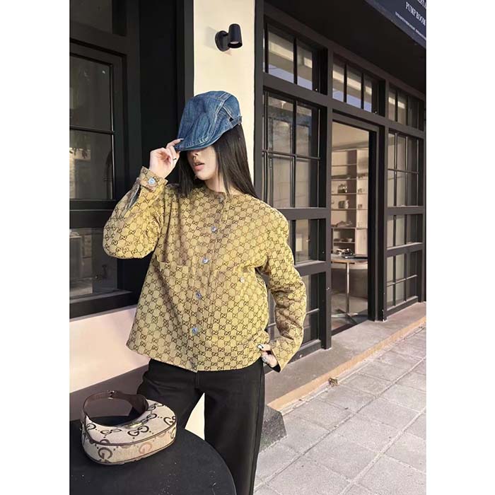 Gucci Women GG Reversible Denim Jacket Camel Ebony GG Canvas Reversible Collarless Dropped Shoulder