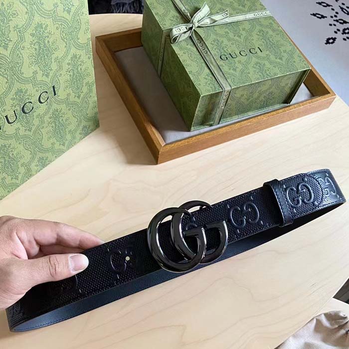 Gucci GG Unisex GG Marmont Embossed Leather Belt Double G Buckle 4 Cm Width