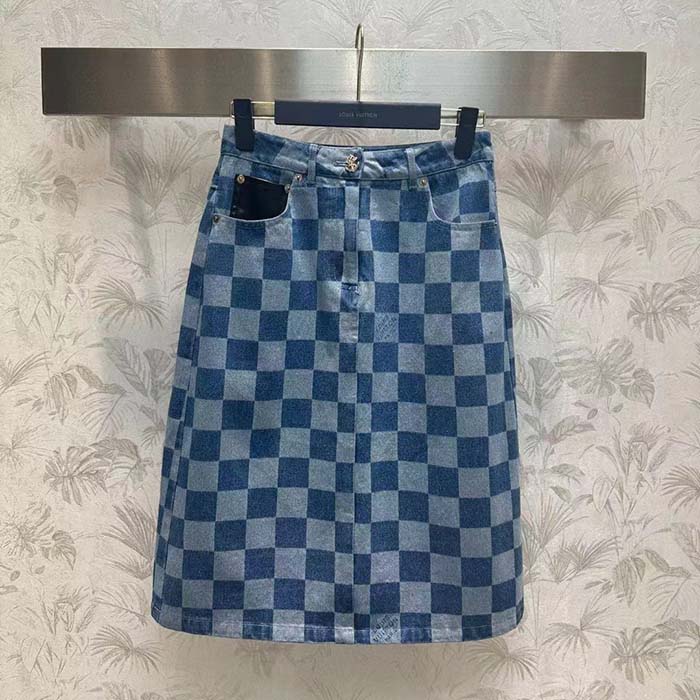 Louis Vuitton Women LV Damier Denim Skirt Cotton Blue Regular Fit 1AFGP2