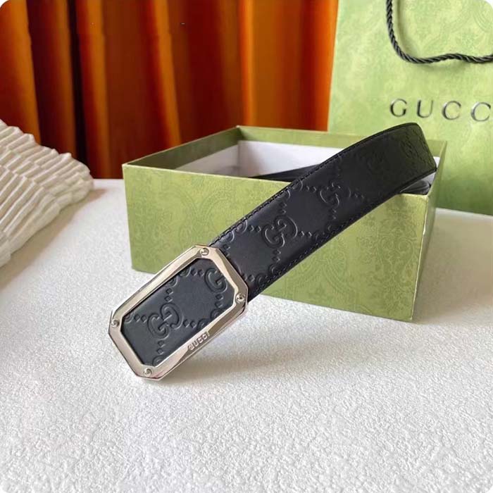 Gucci Unisex Signature Leather Belt Black Leather Rectangular Buckle Trademark 3.8 CM Width